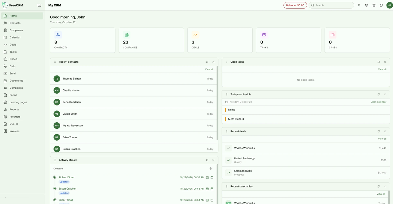 FreeCRM dashboard showing pipeline of deals and contact management